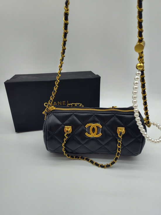 Source Unknown Handbags - CHANEL Makeup Promotional Black Quilted Barrel Vanity Bag Pearl Chain Beaute